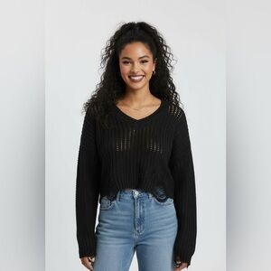 MIROH Black Distressed Knit Crop Sweater Women’s Size Small Shredded Grunge Top